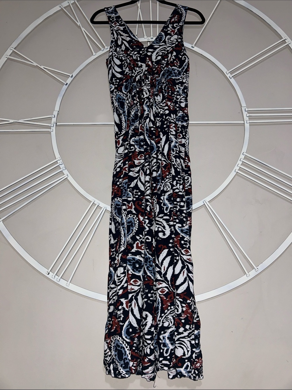Lucky Brand Sleeveless V-Neck Paisley Boho Navy, White & Rust Maxi Dress